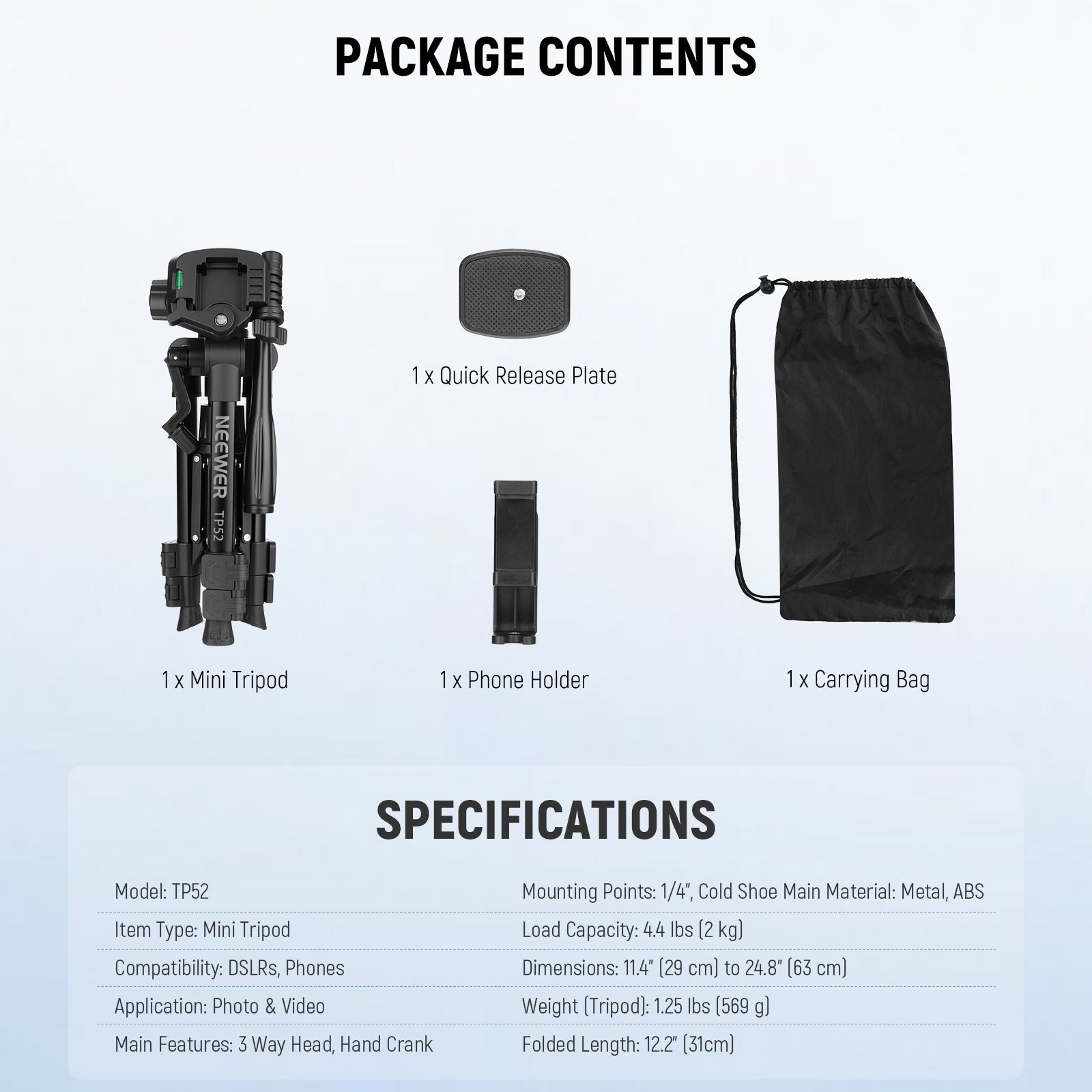 Package Contents of the NEEWER ENTRY LEVEL VERSION TP52 Mini Desk Tripod