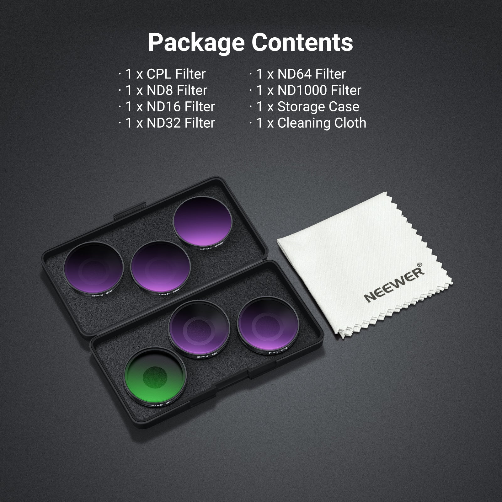 This package includes 5 ND filters, a CPL filter, a storage case ,and a cleaning cloth.
