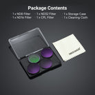This package includes three ND filters, an CPL filter, a storage case and a cleaning cloth.