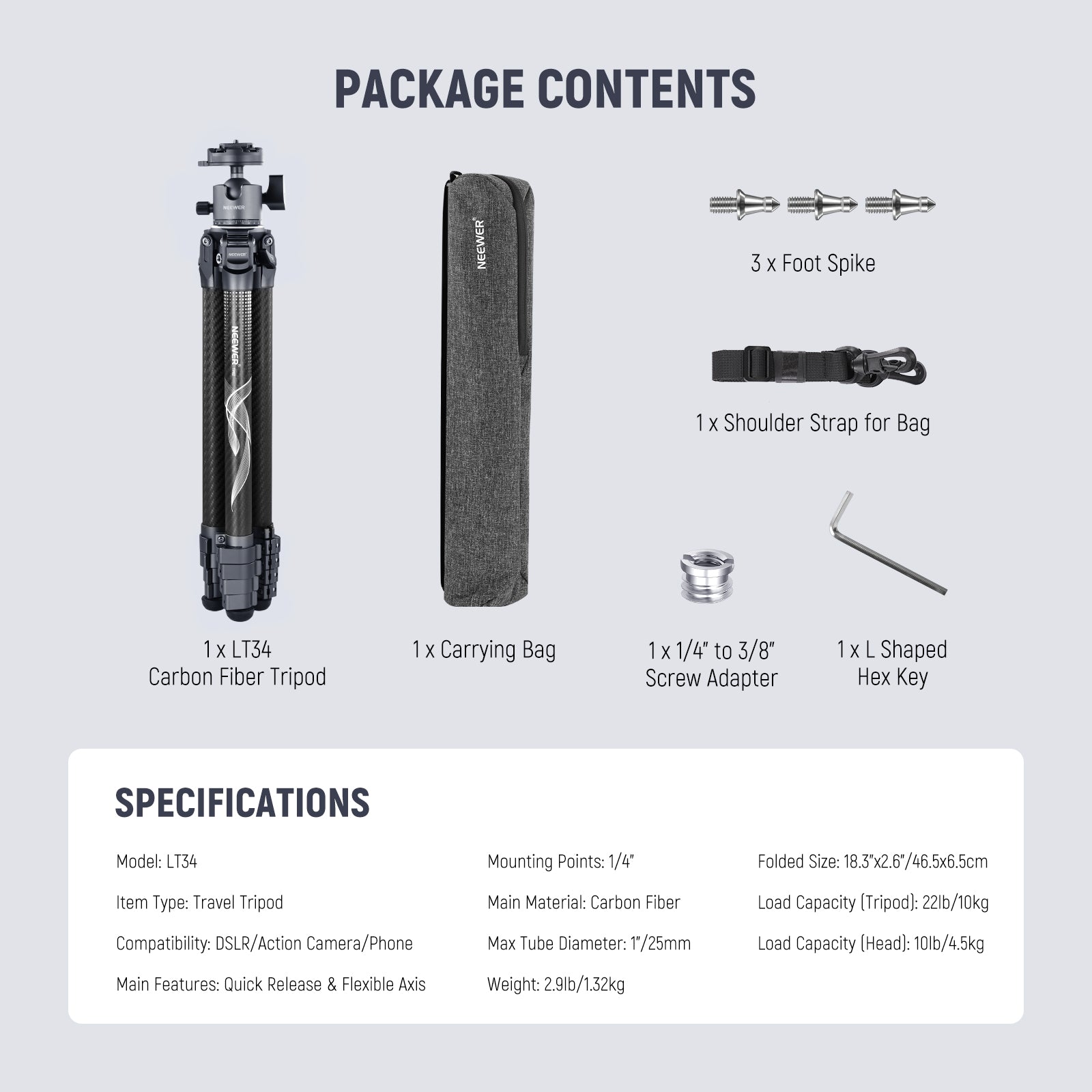 Package Contents of the NEEWER LT34 Compact Travel Tripod