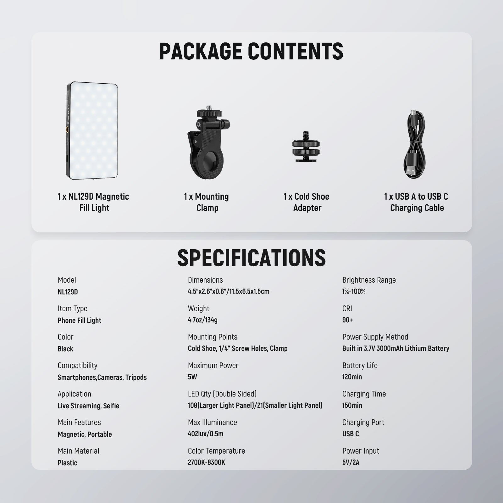 Package Contents of the NEEWER NL129D Magnetic Phone Selfie Light Kit