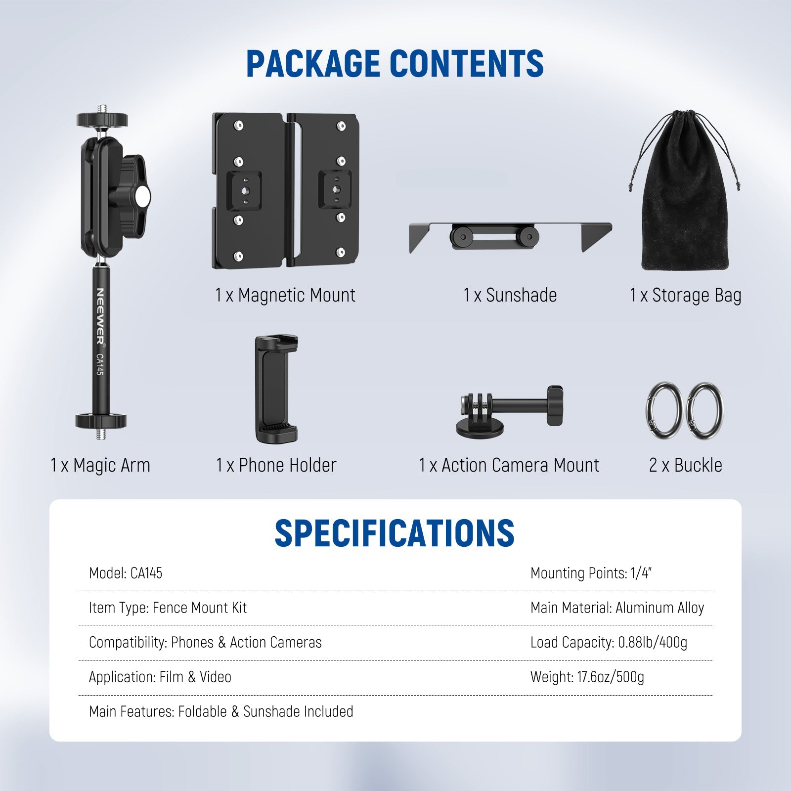 Package Contents of the NEEWER CA145 Magnetic Fence Mount Stand Kit