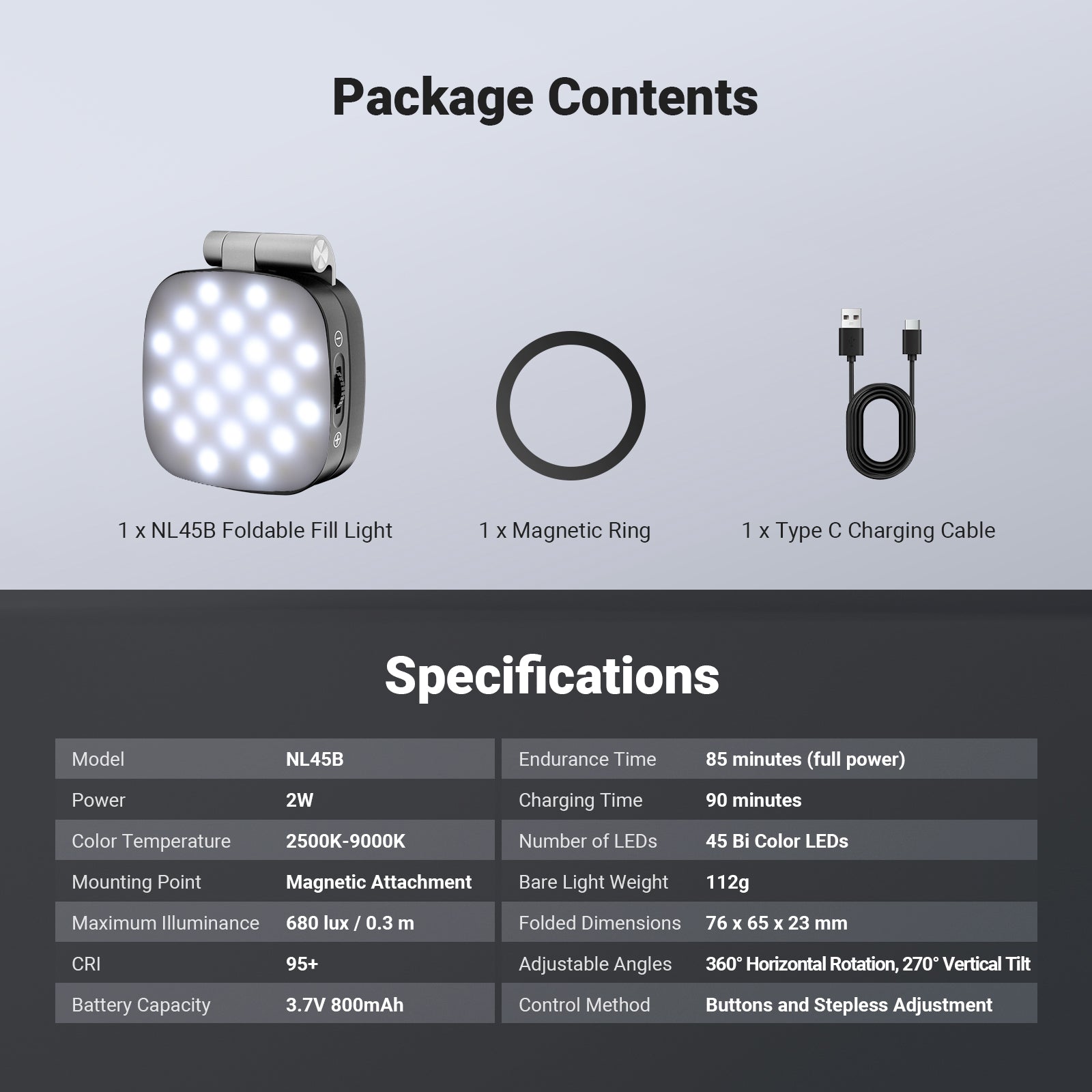 This package includes a foldable fill light, a magnetic ring, and a Type C charging cable.