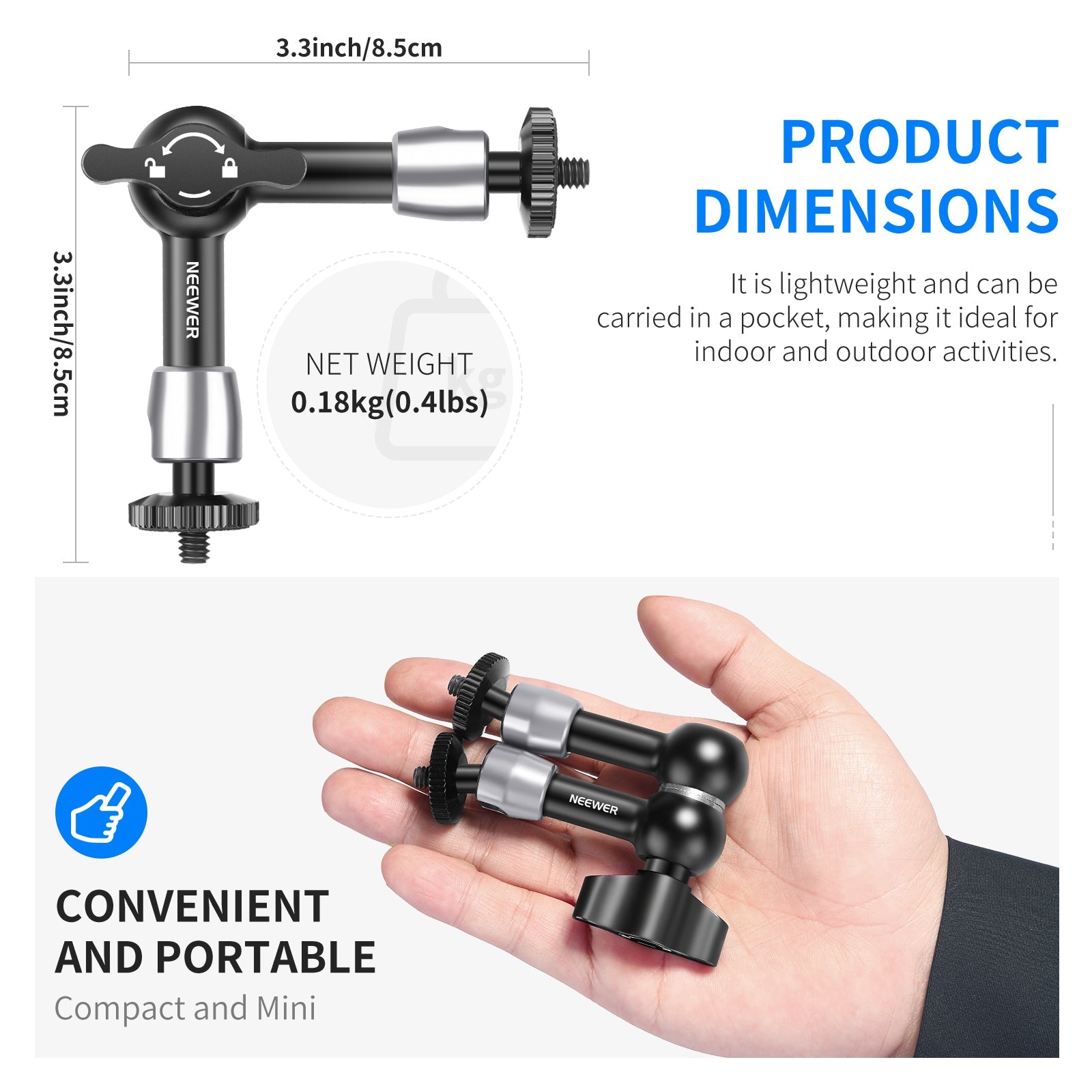 Neewer ST15/ST25 5.9" or 9.8" Adjustable Friction Magic Arm with Both 1/4-inch Thread Screw