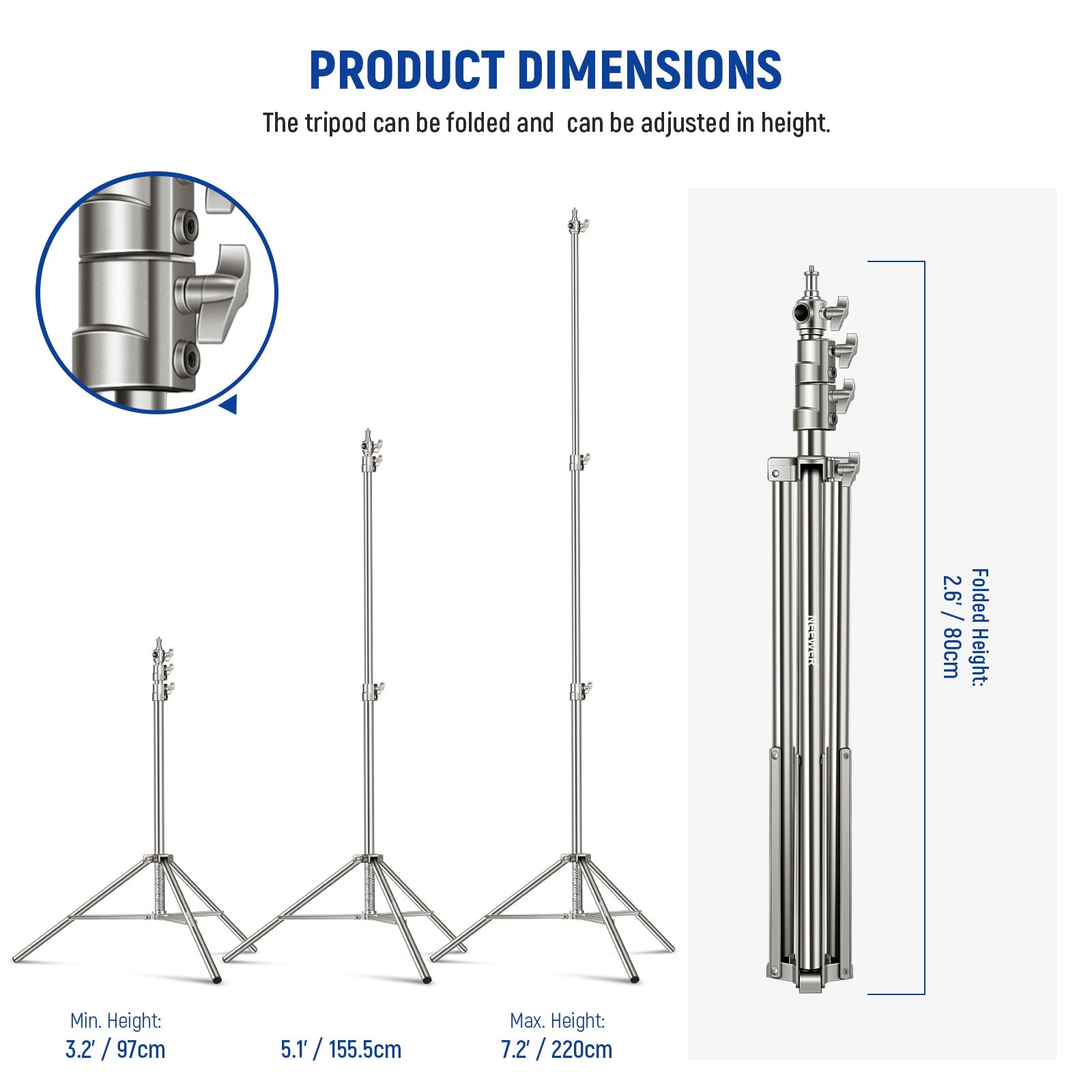 NEEWER Spring Cushioned Heavy Duty Photography Stainless Steel Light Stand with 1/4” to 3/8” Universal Screw Adapter