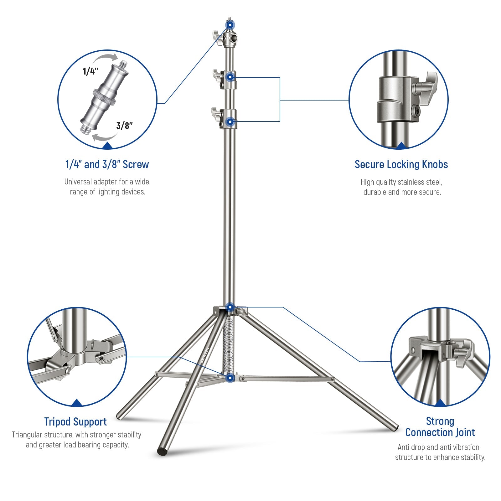 NEEWER Spring Cushioned Heavy Duty Photography Stainless Steel Light Stand with 1/4” to 3/8” Universal Screw Adapter