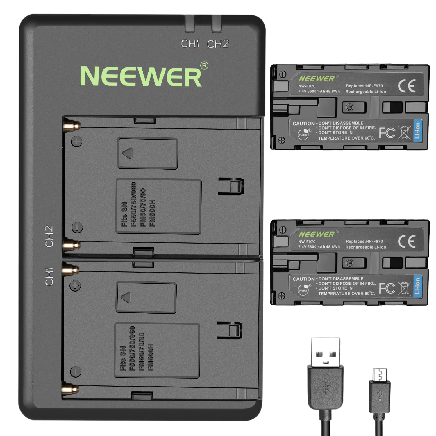 Neewer 2-Pack 6600mAh Li-ion Replacement Battery with Dual USB Charger